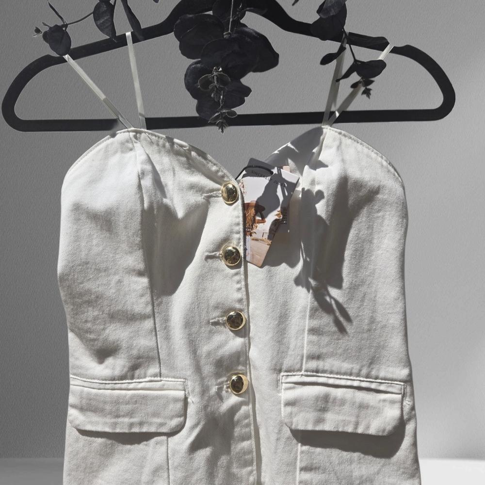 White Button-Up Strapless Top